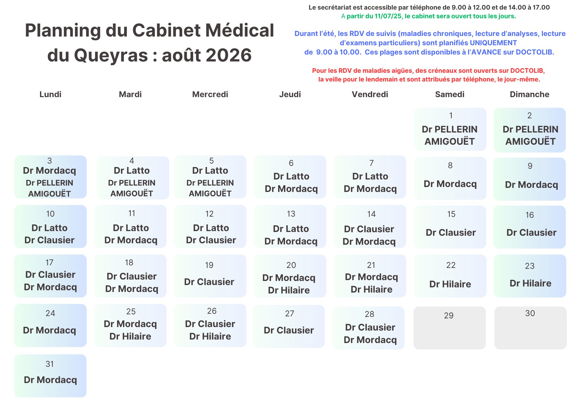 planning medecins aout 2026